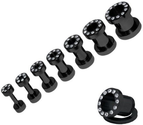 Soul-Cats SET schraubbarer Flesh Tunnel Straß Zirkonia Tunnels schwarz 2-10 mm