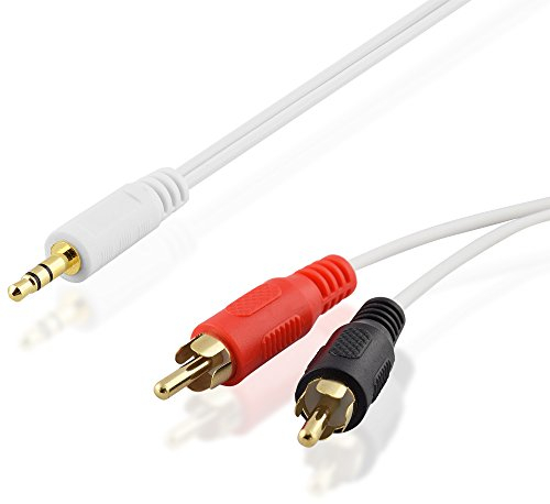 BestPlug 10 Meter Y Audio RCA Aux in Out Kabel, 2 L-R Cinch Stecker auf 1 3,5mm Mini Stereo Klinke Stecker vergoldet, Weiss