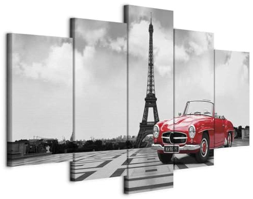 B&D XXL - Wandbilder XXL Paris 100x50cm 5 tlg - Wand Deko Leinwand Bilder Groß Wanddeko Wohnzimmer Schlafzimmer Kunstdrucke - Frankreich Auto Eiffelturm Panorama grau rot 030106-11