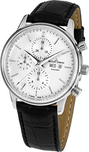 JACQUES LEMANS Herrenuhr Retro Classic Valjoux Lederarmband massiv Edelstahl Chronograph Big Date N-208A