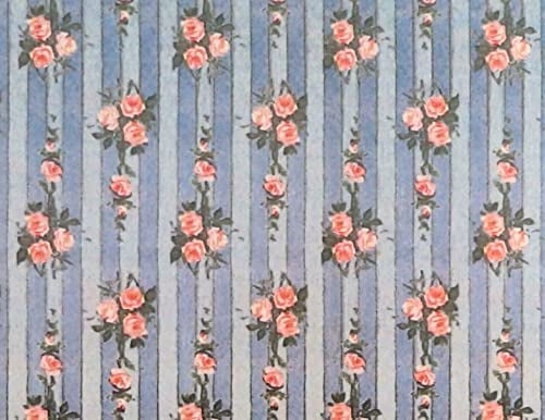 Melody Jane Dolls House Miniature Print 1:12 Scale Pink Rose on Blue Stripe Wallpaper