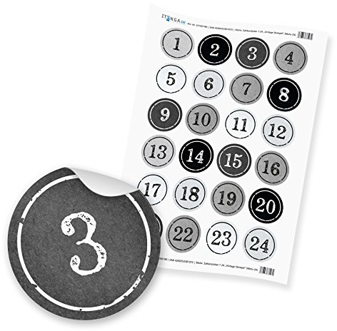 itenga Adventskalenderzahlen Zahlensticker 1-24 StempelDesign Vintageschwarz weiß grau Hochglanz