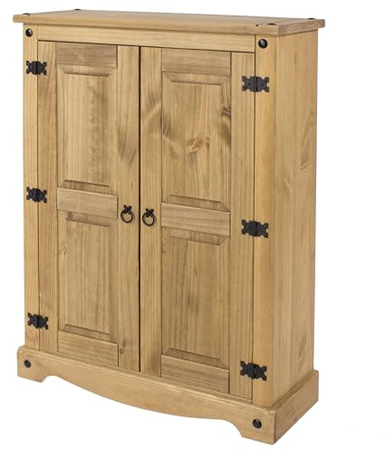 Corona 2-Door Hallway Cupboard - Two Adjustable & Removable Shelves, Solid Pine Wood Construction with Brown Wax Finish, Rustic Storage Cabinet, Freestanding Wooden Furniture