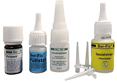 Ber-Fix Schweißnaht-Set S Primer & Füllstoff für Kunststoff, PVC, ABS, GFK, Metall, PE, PP, Silikon 10g Kleber + 15g Granulat, 5ml Primer, 20g Reiniger Inkl. 3 Spitzen