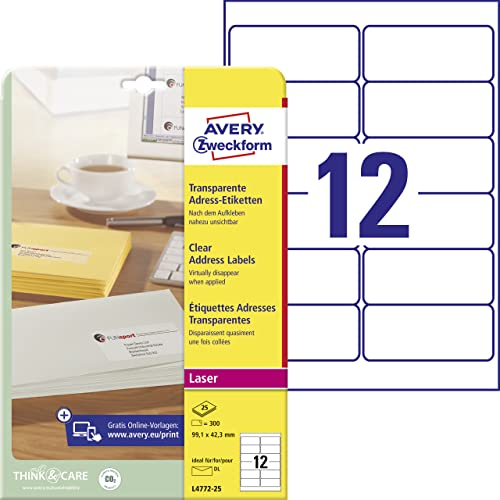 AVERY Zweckform L4772-25 Adressetiketten/Adressaufkleber(300 Etiketten, 99,1x42,3mm auf A4, bedruckbar, selbstklebend, für DIN lang Kuverts + Deutsche Post INTERNETMARKE) 25 Blatt, transparent