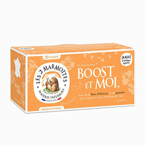 Les 2 Marmottes Infusion Boost & Moi - Hibiscus Guarana Gingembre - Vitalisant Fruité Et Acidulé - Pour Le Petit-Déjeuner Et Le Sport - Idéal En Glacé - 30 Sachets Par Boite - Made In France