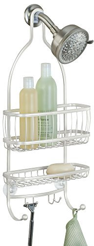 iDesign York Lyra étagère de douche avec 2 paniers et 4 crochets, serviteur de douche en métal sans perçage à suspendre, blanc nacré