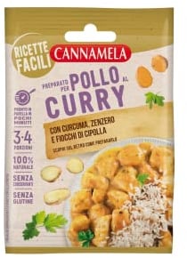 Cannamela, Preparato per Pollo al Curry, con Curcuma, Zenzero e Fiocchi di Cipolla, 100% Naturale, Senza Glutine, Busta da 3-4 Porzioni