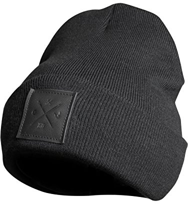 Rough Beanie - Mütze, Black Out Collection, Strickmütze mit Echt-Leder Veredelung (Manufaktur13/M13) (Schwarz)