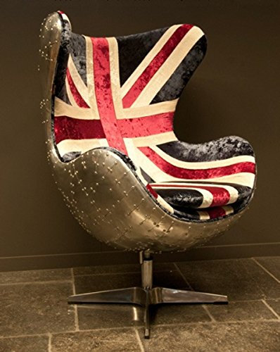 Casa Padrino Art Deco Lounge Chair Drehstuhl Sessel Aluminium/Union Jack Ei-Form - Club Sessel - Lounge Sessel - Vintage Airplane Möbel
