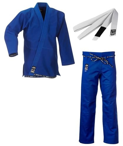 Ju-Sports BJJ Starter Gi Fortaleza Blau + BJJ Gürtel Weiß A3 I Leichter & solider Brazilian Jujutsu Anzug für Einsteiger I BJJ Gi Herren I 100% Baumwolle
