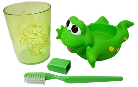 Juego Vaso Y Cepillo Dientes Infantil Goma Dura Rana Verde