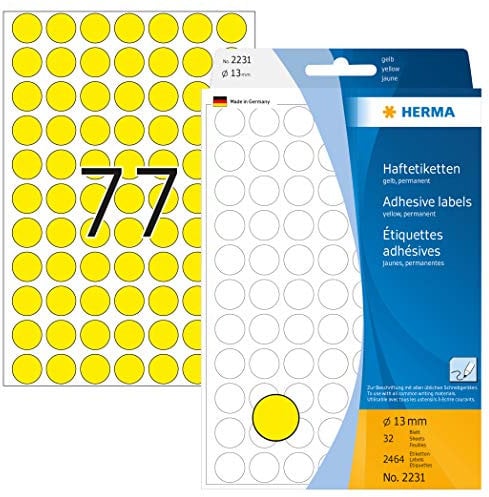 HERMA 2231 Punktaufkleber Klebepunkte gelb, 2464 Stück, Ø 13 mm, 77 pro Bogen, selbstklebend, Markierungspunkte für Kalender Planer Basteln, matt, blanko Papier Farbpunkte Aufkleber