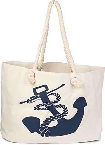 styleBREAKER XXL Strandtasche mit Anker Print | maritimer Look in Flechtoptik | Shopper Badetasche 57 x 33 x 32 cm, Farbe:Creme-Marine