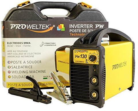PROWELTEK Saldatrice Inverter 130 A con valigetta, morsetto di massa e porta elettrodi inclusi