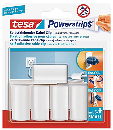 tesa Powerstrips® Kabel-Clip, selbstklebend, spurlos wieder ablösbar, weiß (3 Packungen = 15 Clips)