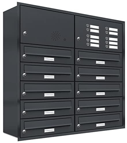 AL Briefkastensysteme, 10er Unterputzbriefkasten mit Klingel in Anthrazit Grau RAL 7016, 10 Fach wetterfeste Briefkastenanlage Design modern