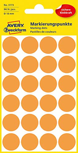 AVERY Zweckform 3173 selbstklebende Markierungspunkte (Ø 18 mm, 96 Klebepunkte auf 4 Bogen, runde Aufkleber für Kalender, Planer und zum Basteln, Papier, matt) neonorange, 5 Stück