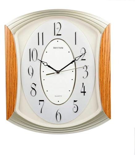 Rhythm Sweep Lounge Wall Clock -Arched Frame in Light Gold & Wood Effect