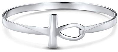 Bling Jewelry Feines .925 Sterling Silber Ägyptisches Ankh-Kreuz Armreif Für Frauen Teenager - Spiritueller Schlüssel Des Lebens Seitlich Horizontal