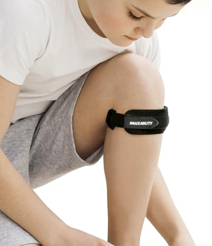 BraceAbility Kids Knee Band - Youth Patellar Tendon Support Strap Child Osgood Schlatter Brace for Jumpers Knee, Patella Tendonitis, Sports Wrap for Running, Soccer, Volleyball, Basketball (XS)