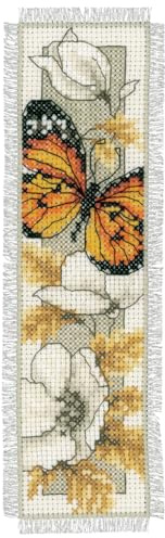 VERVACO Lesezeichen Kreuzstich Stickpackungen Gezählter Kreuzstich Schmetterling auf Blumen DIY Set Erwachsene Sticken Lesen Zubehör Geschenk Zählmusterpackung ca. 6 x 20 cm Stickset für Anfänger