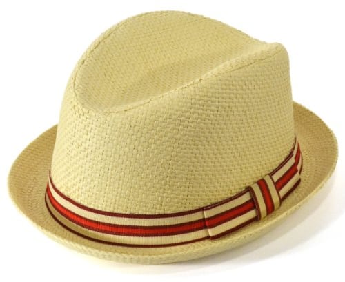 Hawkins Hats Straw paper pork pie hat with high brim and red and cream grosgrain band (56cm)