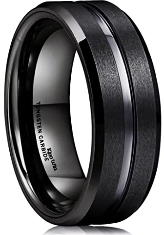 King Will Classic 8mm Black Tungsten Carbide Wedding Band Ring Polished Finish Grooved Center Comfort Fit Q 1/2(8.5)