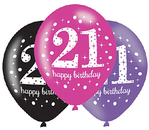 Amscan 9900875 - Ballons 21 Celebration, 6 Stück, circa 28 cm, Schwarz, Pink, Lila, Luftballon, Geburtstag