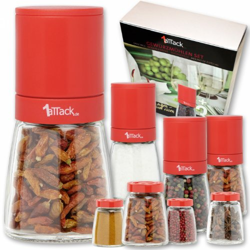Molinillo de pimienta Molinillo de sal Molinillo de especias sin relleno con molinillo de cerámica en embalaje de regalo Salero Coctelera Molinillo Dispensador Condimento de especias Sal Pimienta Hierbas Mesa de cocina Accesoires Bar ml Altura cm - Juego da 4, rosso, 135 mm