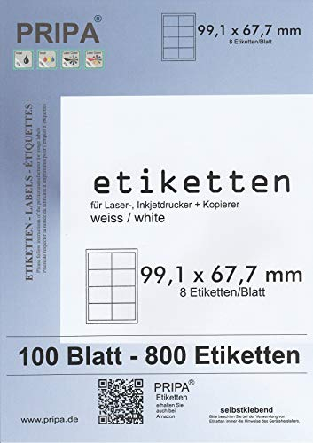 pripa - Etikett 99,1 x 67,7 mm - 8 Stueck auf A4-100 Blatt DIN A4 selbstklebende Etiketten - DHL-Post
