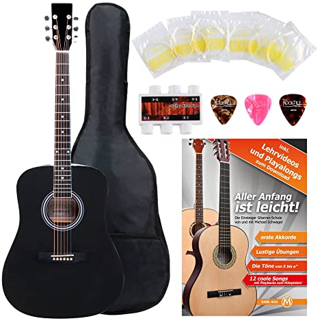 Classic Cantabile WS-10BK Westerngitarre Starter-Set (Dreadnought-Style, 6 Saiten, 20 Bünde, inkl. Zubehörset, Gitarrentasche, Notenheft, Saiten, Plektren) schwarz