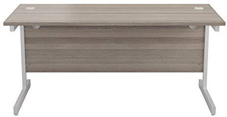 Office Hippo Heavy Duty Rectangular Cantilever Desk, Home Office Table + Integrated Cable Ports, PC Desk For Office or Home, 5 Yr Wty - White Frame/Grey Oak Top, 160cm x 80cm