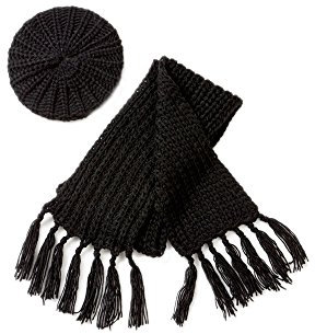 Modassori Damen-Herren-Mode Strickset Schal Fransen Mütze Barette-Style weich Schwarz Kollektion Herbst-Winter 2024-2025