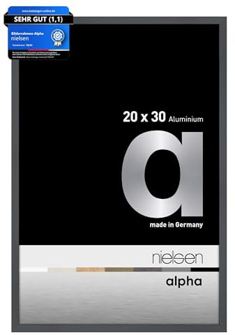 nielsen Bilderrahmen, 20 x 30 cm, Aluminium, Dunkelgrau glanz, Fotorahmen zum Auftstellen und Aufhängen im Hoch- & Querformat, Echtglas, Alpha