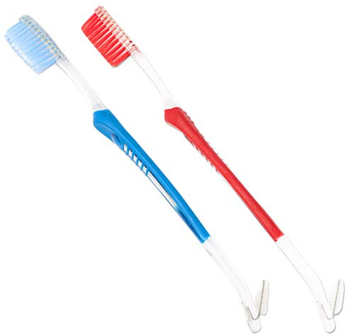 Orthodontic Toothbrush (Set of 2) V-Trim Double-Ended Brush with Interproximal Head for Cleaning Ortho Braces (Blue & Red)