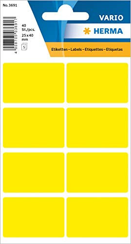 HERMA 3691 Vielzweck-Etiketten, 40 Stück, 25 x 40 mm, 8 pro Bogen, selbstklebend, Haushaltsetiketten zum Beschriften für Kalender Planer Basteln, matt, blanko Papier Klebeetiketten Aufkleber, gelb