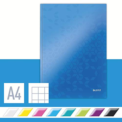 Leitz WOW Notizbuch A4 kariert, Hardcover, 160 Seiten, 80 Blatt FSC-zertifiziertes Papier (80 g/m²), Hochwertiger laminierter Einband, Fadenheftung, Für Büro, Schule oder als Tagebuch, Blau, 46261036