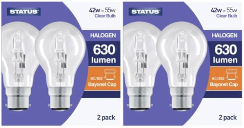 4 x STATUS 42W (=55W-60W) BC B22 B22d GLS Eco Halogen Classic Energy Saving Light Bulbs, Dimmable Lamps, Bayonet Cap, 630 Lumen, Mains 240V Standard Globes