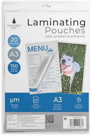 Cathedral Products Pack of 20 A3 Gloss Laminating Pouches 150 Micron