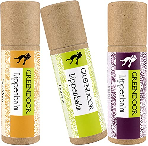 GREENDOOR Lippenpflege-Set FRUCHT, Sanddorn, Cassis, Limette - 3 fruchtig pflegende Lippenbalsam plastikfrei, natürliche Lippen-Pflegestifte, Sparpreis, mit Bio Jojobaöl, Naturkosmetik Lip-Balm