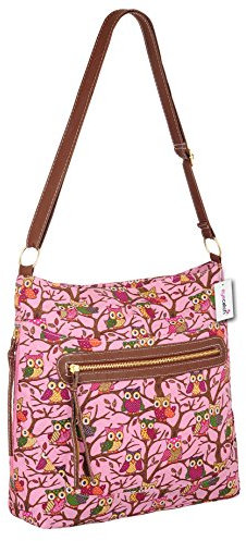 Eye Catch - Damen Umhängetasche Crossbody aus Canvas mit Eulen Muster Deep Pink