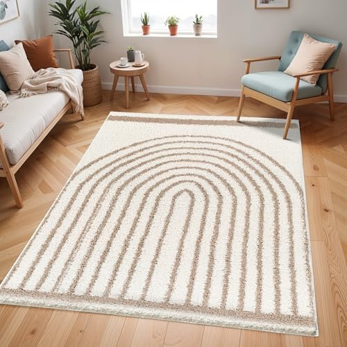 Livabliss Shumen Shaggy Rug - Modern Berber Rugs Living Room, Large 160x213 cm, Soft Shaggy Rugs for Bedroom - Neutral Boho Fluffy Rug, Easy Care Plush Thick Pile - Ivory and Tan