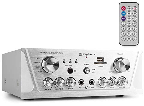 Skytronic Amplificateur – Puissance de sortie 160W, 2 entrées microphone avec écho et volume réglables, Port USB et fente SD, Tuner FM, Dimensions compactes, Idéal pour utilisation Hifi et/ou karaoké