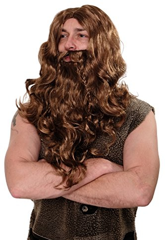 WIG ME UP - WIG007-P8 Perücke Bart Vollbart Fasching Karneval Wikinger Viking Berzerker Barbar Däne braun Hellbraun