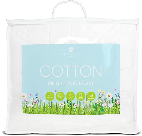 Lancashire Textiles 1 Tog Pure Cotton Summer Duvet - Hypoallergenic Lightweight Breathable for Hot Sleepers, King, 225 X 220 Cm 100% Cotton, Allergy-Friendly Bedding