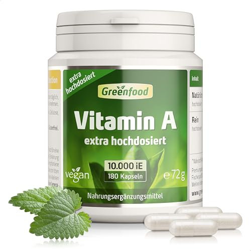 Vitamin A, hochdosiert, 10.000iE - 180 Kapseln, vegan. Vitamin A (Retinol) - wichtig für Sehkraft, Schleimhäute & Hautgesundheit. OHNE künstliche Zusätze - laborgeprüft. Von Greenfood.