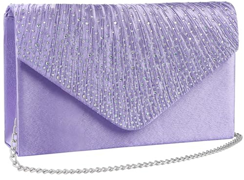 wocharm Womens Ladies Satin Diamante Clutch Bag Envelope Handbag Evening Bridal Bag Wedding Fashion Prom Vintage Shoulder Bags(Pale Light purple)