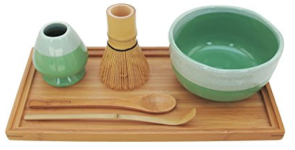 BambooMN Brand - Matcha Bowl Set (Includes Bowl, Rest,Tea Whisk, Chasaku, Tea Spoon & Tray) 1 Set Mint Green