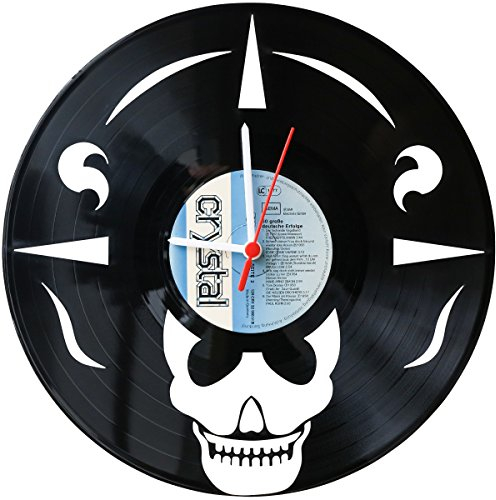 GRAVURZEILE Wanduhr aus Vinyl - Totenkopf Tribal Upcycling Design - Handmade Vintage-Uhr - Wanddekoration im Retro-Design für Gruselfans - Geschenk für Sie & Ihn - Made in Germany
